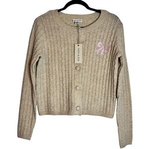 NWT Faith & Zoe Beige and Pink Bow Button Up Small Cable Knit Cardigan